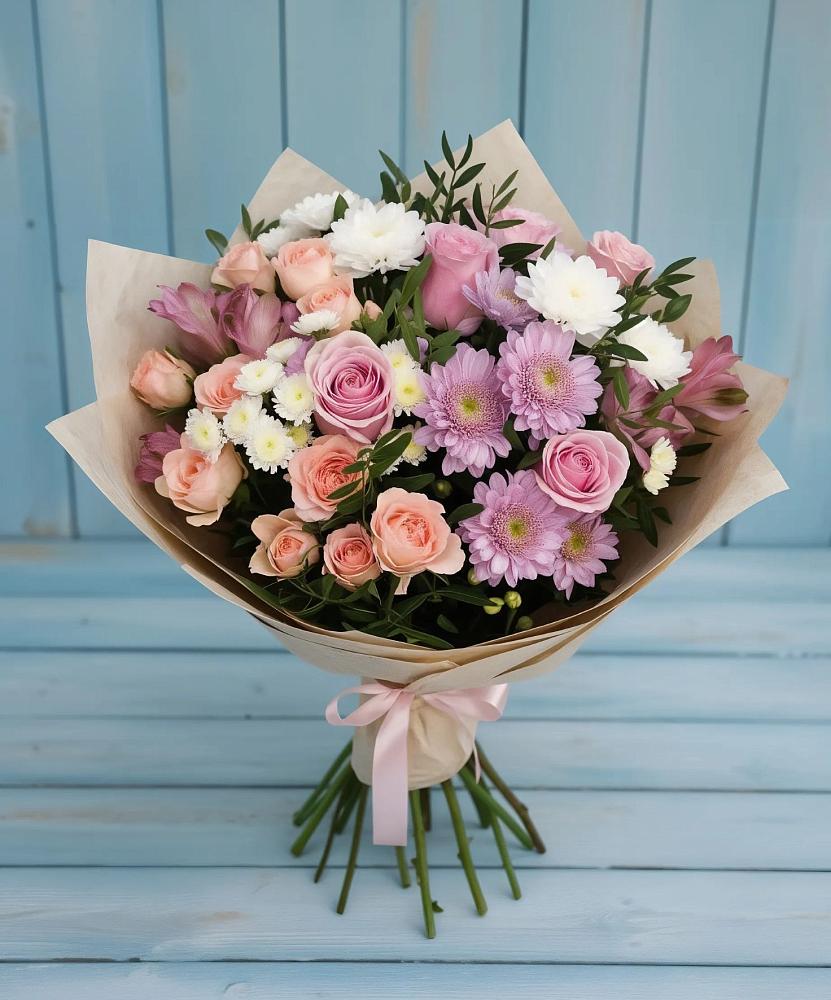 Букет цветов из: Хризантемы, Розы и Альстромерии в Калининской Ростовской области