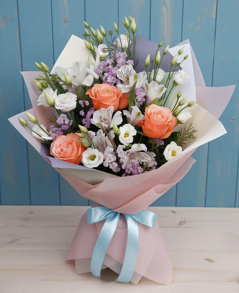 Букет цветов из: Лизиантусы, Розы, Альстромерии и Гипсофила в Калининской Ростовской области