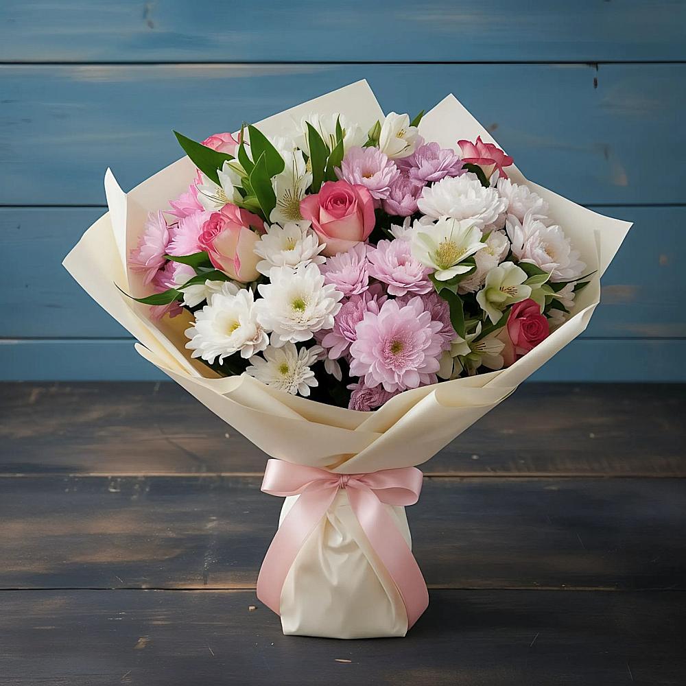 Букет цветов из: Хризантемы, Альстромерии и Розы в Калининской Ростовской области